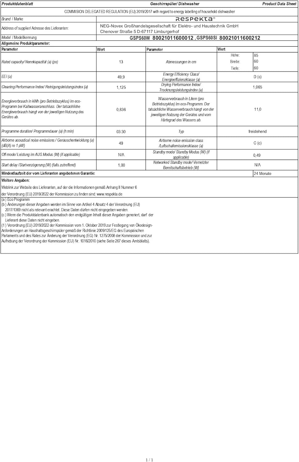 Respekta Bena zmywarka do zabudowy, 60 cm / 5 programów/opóźniony start/automatyczne otwieranie drzwi / 2 ramiona spryskujące / 49 dB/klasa energetyczna D/biała/model GSPS60W-12