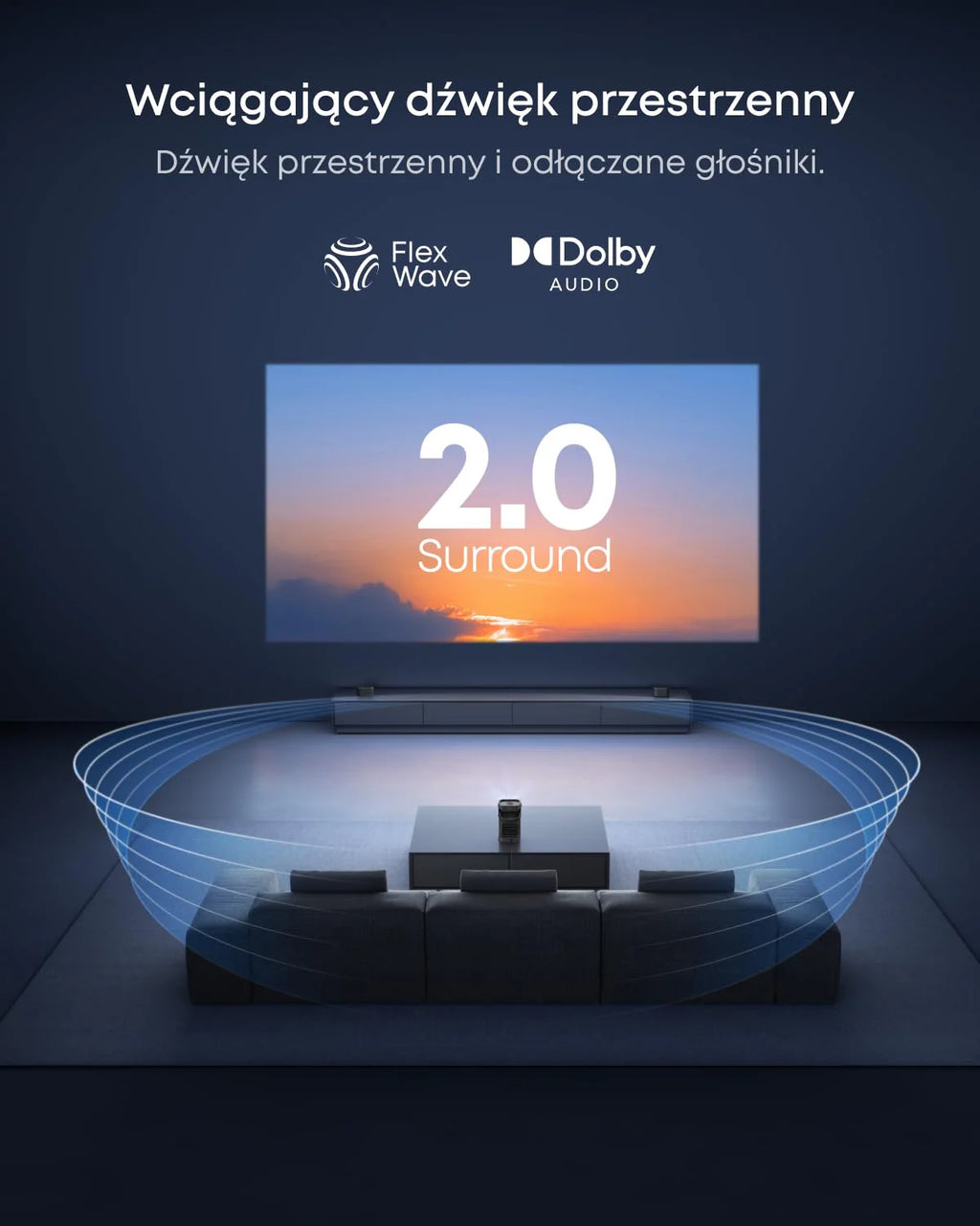 Przenośny projektor Nebula P1, bezprzewodowe odłączane głośniki, 650 lumenów ANSI, dźwięk przestrzenny 2.0 o mocy 20 W, rozdzielczość 1080p, dwuramienny stabilizator 130°, automatyczna regulacja obraz