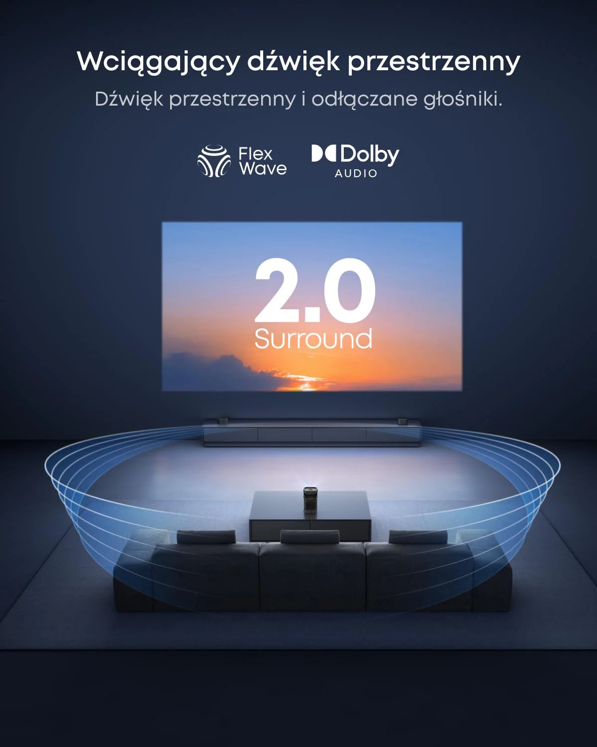 Przenośny projektor Nebula P1, bezprzewodowe odłączane głośniki, 650 lumenów ANSI, dźwięk przestrzenny 2.0 o mocy 20 W, rozdzielczość 1080p, dwuramienny stabilizator 130°, automatyczna regulacja obraz
