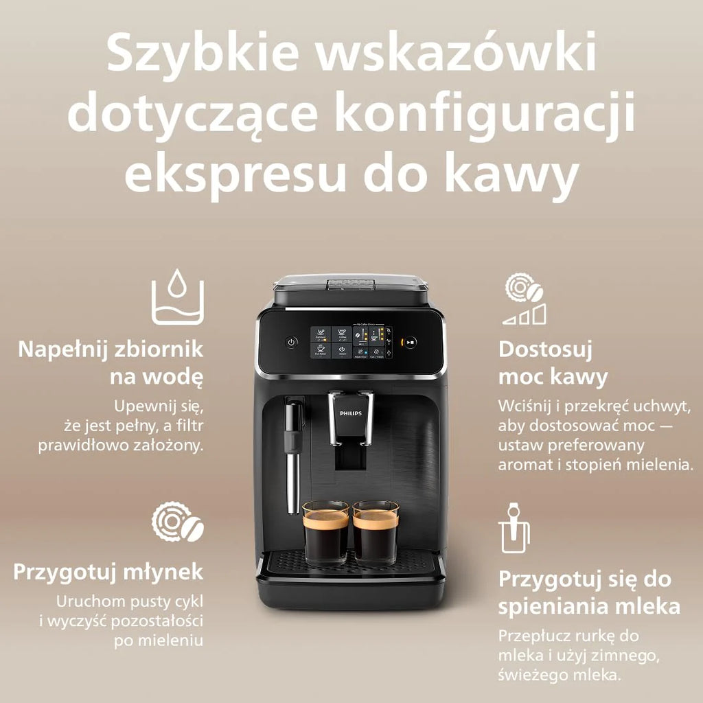 Philips Ekspres do kawy z serii 3300 w pełni zautomatyzowany - 6 napojów, Nowoczesny, Kolorowy ekran dotykowy, LatteGo, SilentBrew, Młynek w 100% ceramiczny, Filtr AquaClean, Czarny chrom (EP3347/90)