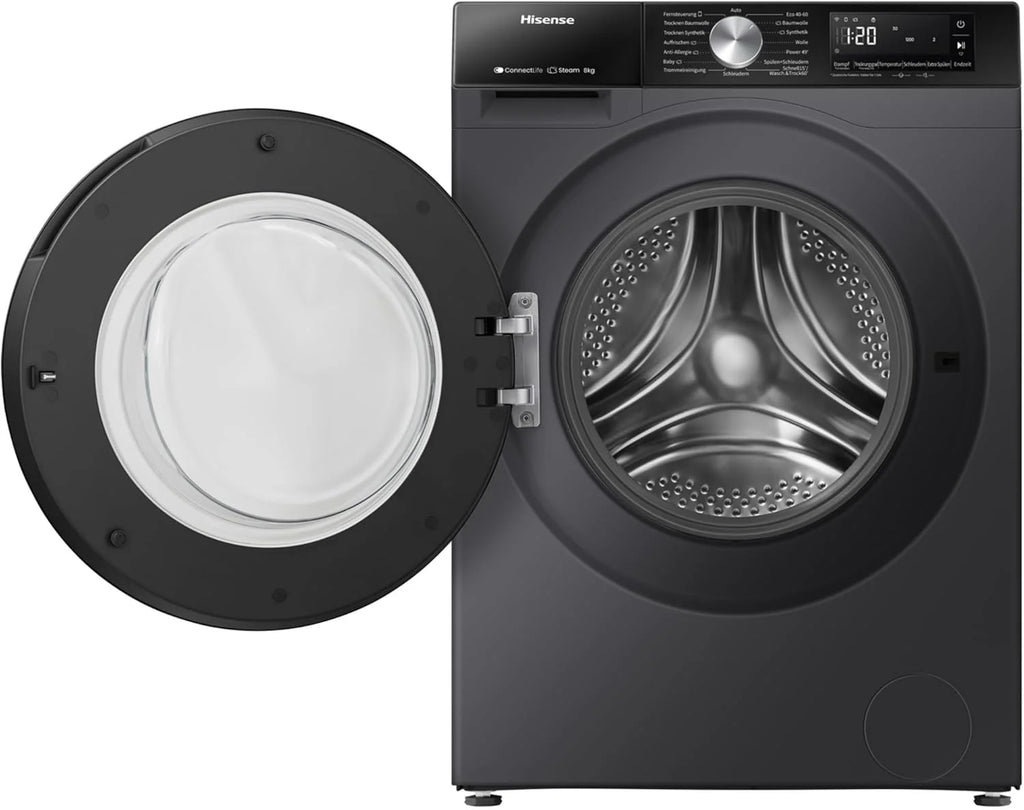 Hinsense WD3S8043BB3 pralko-suszarka ConnectLife /16 programów/8 kg, 54 litry/1400 obr./min/funkcja pary/JetWash/program antyalergiczny/program automatyczny/Eco Wash/Odświeżanie pary/wełna/EEK A-D