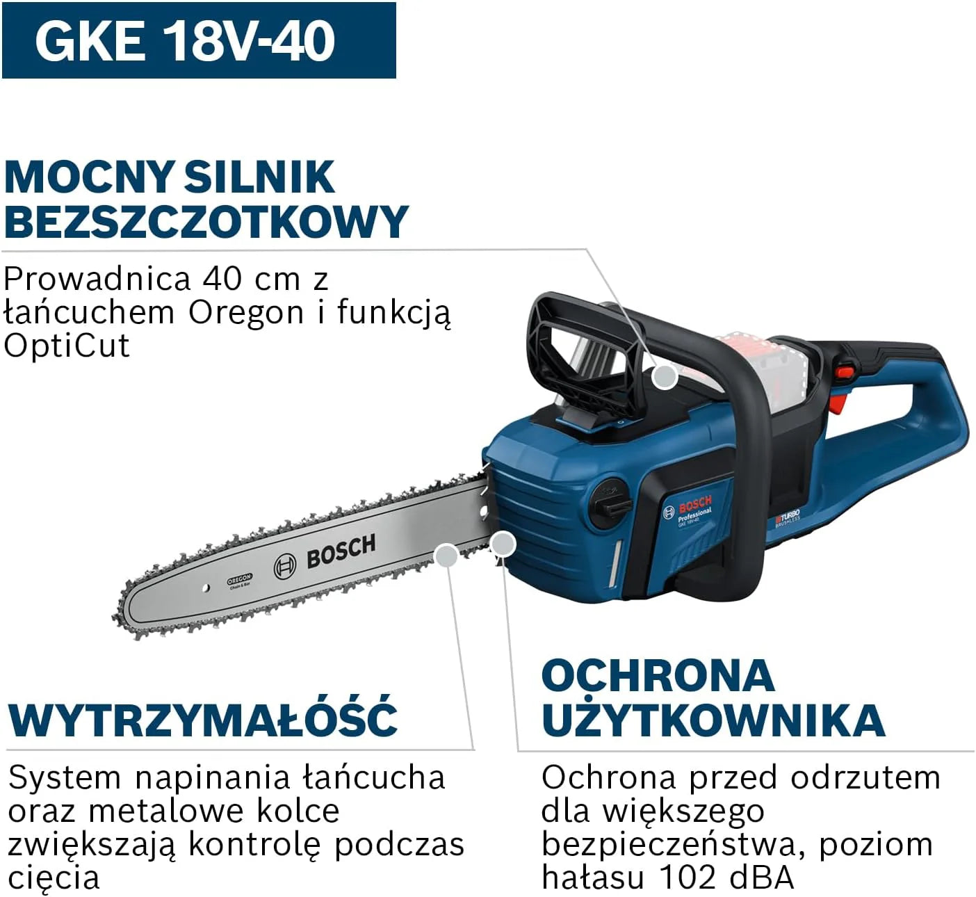Bosch Pro Piła łańcuchowa GKE 18V-40 (prowadnica 40 cm, silnik bezszczotkowy, narzędzie (scrench), osłona łańcucha, akumulator i ładowarka)