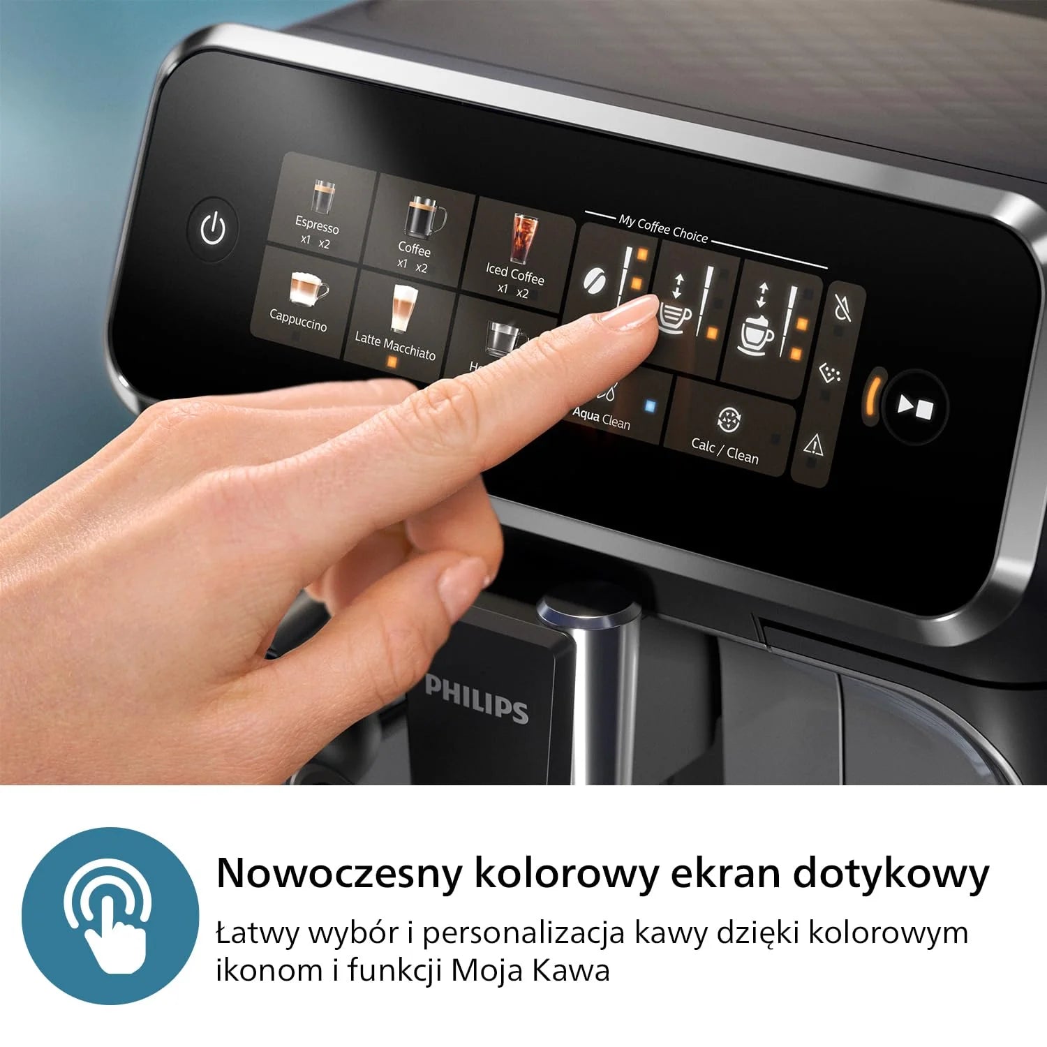 Philips Ekspres do kawy z serii 3300 w pełni zautomatyzowany - 6 napojów, Nowoczesny, Kolorowy ekran dotykowy, LatteGo, SilentBrew, Młynek w 100% ceramiczny, Filtr AquaClean, Czarny chrom (EP3347/90)