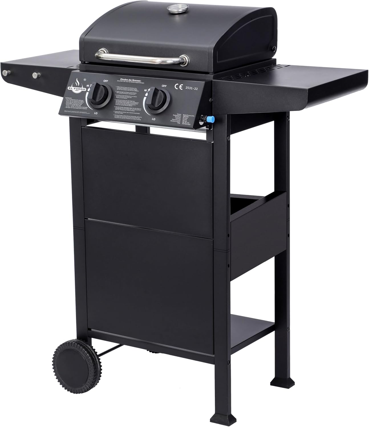 Grill gazowy San Jose 2 palniki firmy El Fuego®, w zestawie wąż gazowy i reduktor ciśnienia, ruszt do grillowania z żeliwa, z termometrem i dużymi półkami bocznymi, grill BBQ | AY0204