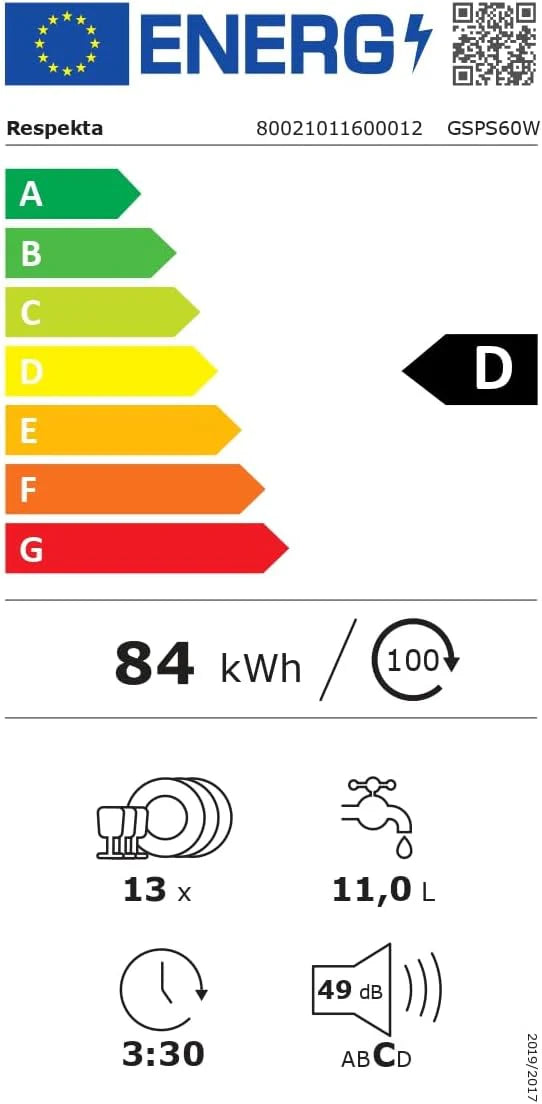Respekta Bena zmywarka do zabudowy, 60 cm / 5 programów/opóźniony start/automatyczne otwieranie drzwi / 2 ramiona spryskujące / 49 dB/klasa energetyczna D/biała/model GSPS60W-12