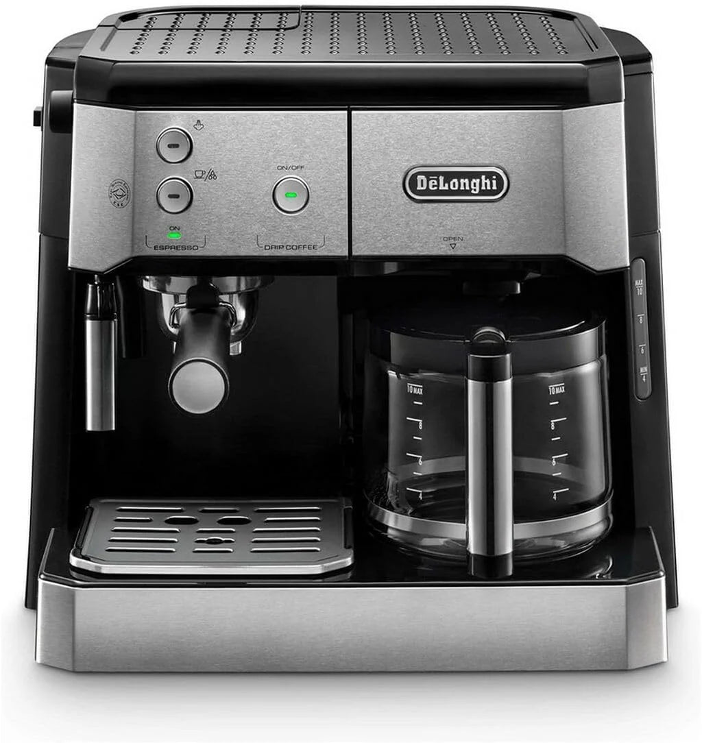 Ekspres do kawy kombinowany De'Longhi BCO 421.S — ekspres do kawy z filtrem espresso i funkcją filtra kawy, w tym dysza do spieniania mleka, szklany dzbanek i system filtrów wody, 1 l, stal nierdzewna/czarna, pojedyncza