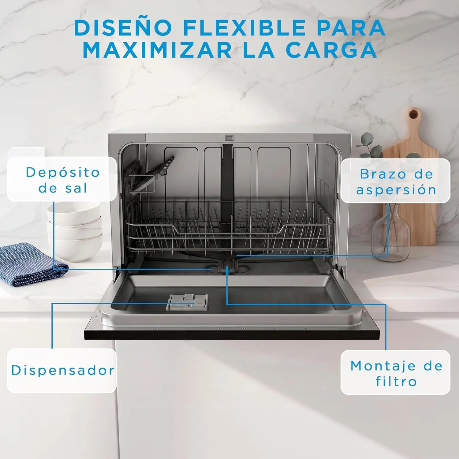 Midea Mała zmywarka, biała, 55 cm, dla 6 osób, kompaktowa i przenośna, bez instalacji, zmywarka z aplikacją Control, 6 programów, filtr antybakteryjny 49 dB, nowy model