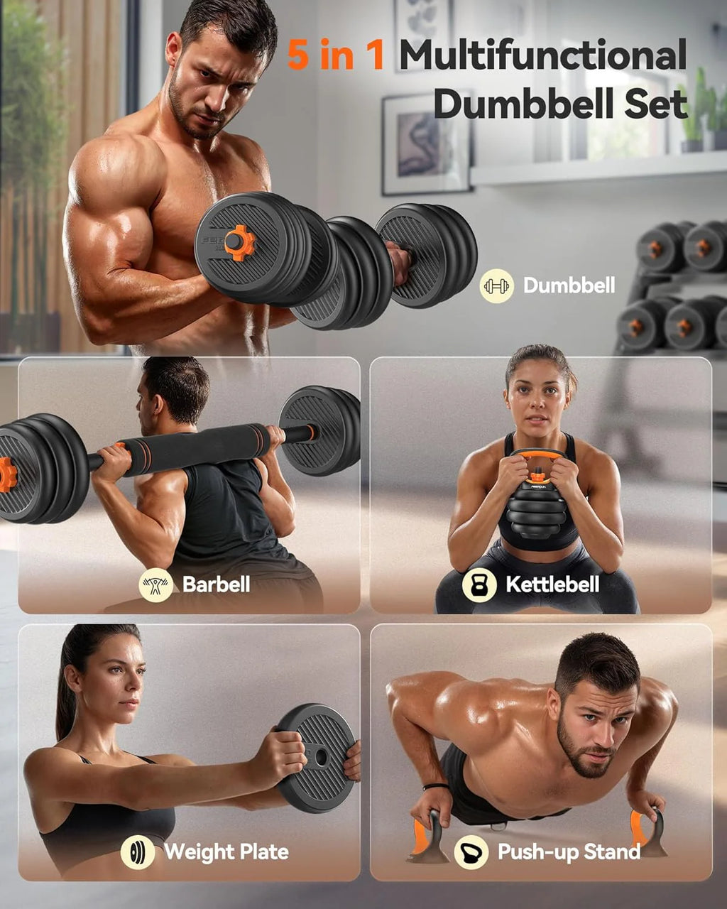 FEIERDUN Regulowane hantle, zestaw hantli o wadze 18 kg ze złączem, zestaw hantli 4 w 1, używany jako sztanga, kettlebell, stojak push-up, ćwiczenia fitness do domowej siłowni odpowiednie dla