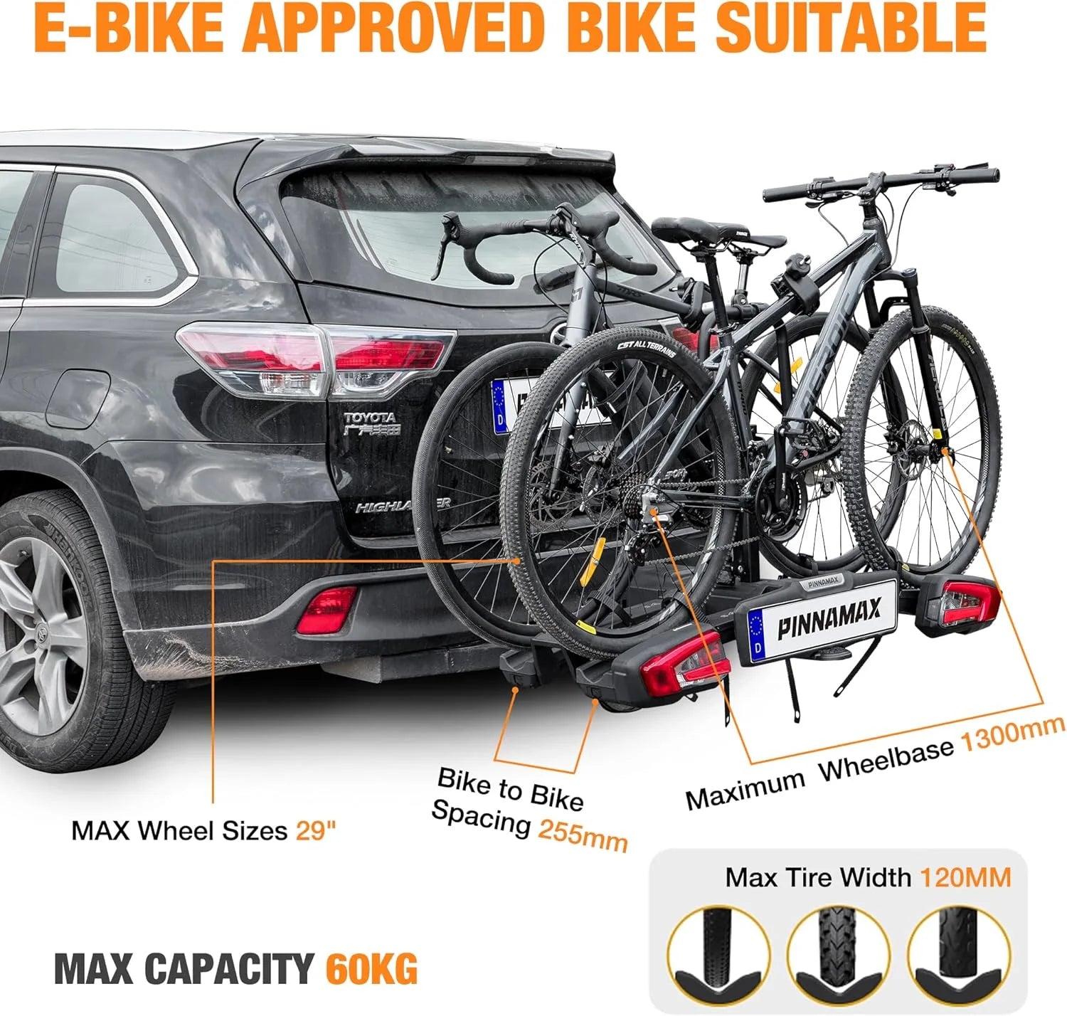 EBike Bagażnik rowerowy na 2 rowery - Składany i obrotowy bagażnik tylny na hak holowniczy do 60 kg - Bagażnik rowerowy z ochroną przed kradzieżą, tylnym światłem i uchwytem na tablicę