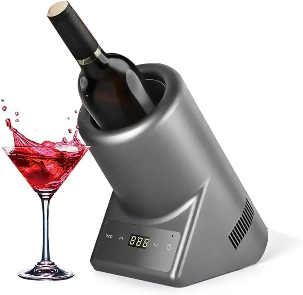 Elektryczna chłodziarka do wina, stal nierdzewna, do czerwonego i białego wina o pojemności 750 ml, utrzymuje wino w zimnie przez 24 godziny–na imprezy, wydarzenia i spotkania (Black)