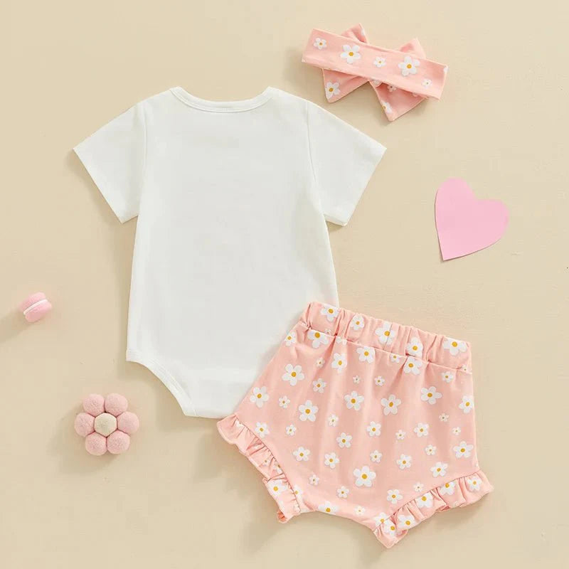 Baby Girls Outfit Short Sleeve Romper - Floral Shorts - Hairband Set Casual Clothes