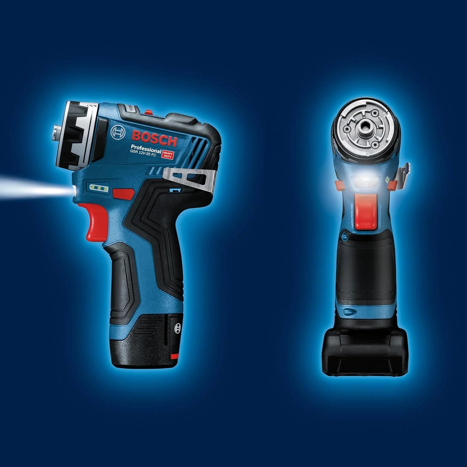 Bosch Professional system 12V: akumulatorowa wiertarko-wkrętarka GSR 12V-35 FC (2 akumulatory GBA 12V 3.0Ah, szybka ładowarka GAL 12V-40, 4 wymienne uchwyty FlexiClick, walizka L-BOXX)