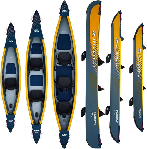Aqua Marina Tomahawk, AIR-K wysokociśnieniowy dmuchany kajak premium, dla 1 osoby, długość 375 cm, morski/żółty